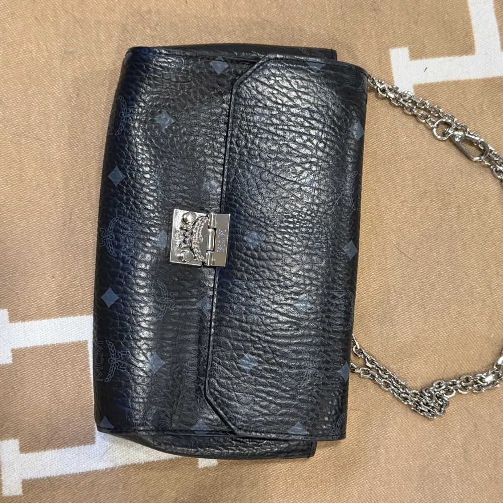 MCM Black Leather Chain Crossbody Bag with Silver-Tone Hardware